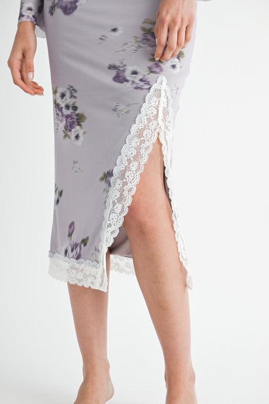 FLORAL MIDI SKIRT WITH LACE TRIM